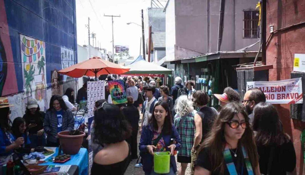 Callejón Río Bravo con visitantes y arte ambiental